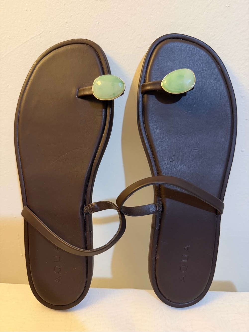 Aqua Brown Toe-Loop Sandals with Green Gem Accent